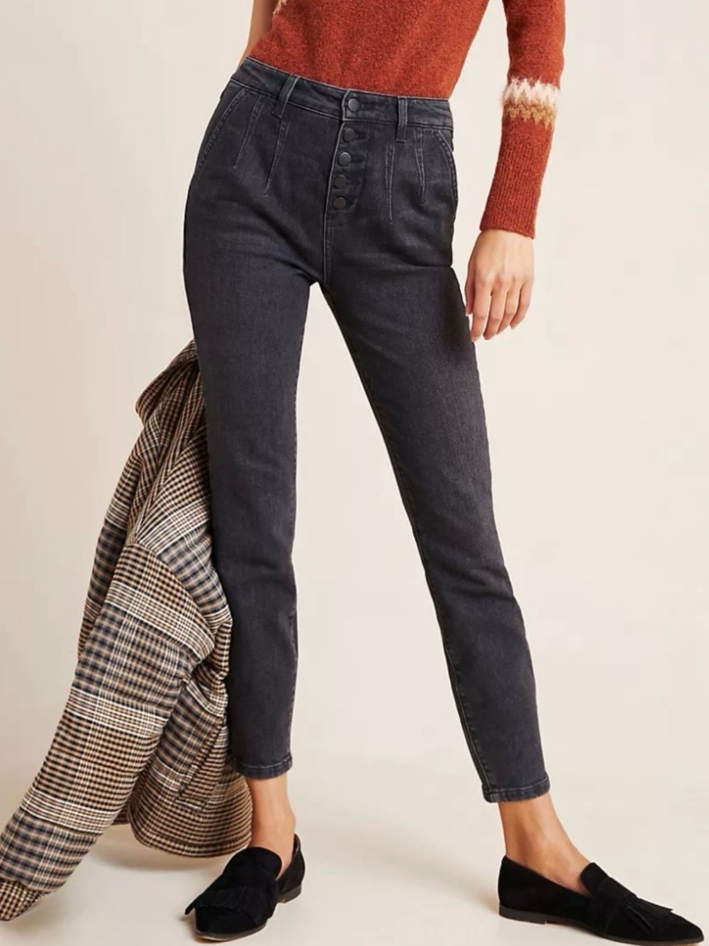 Pilcro and the Letterpress High-Rise Skinny Button-Fly Jeans 26 Charcoal Black